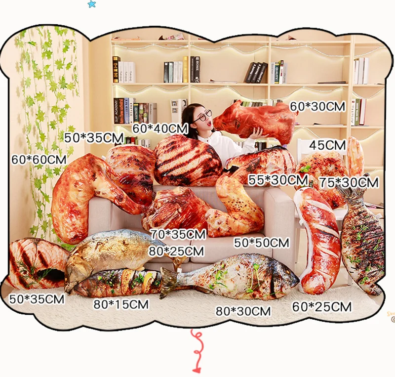 1 шт., плюшевая подушка для моделирования еды, плюшевая подушка, жареная, присоска, свинья, креветка, мясо, саура, окунь, подушка, креативные подарки, украшение
