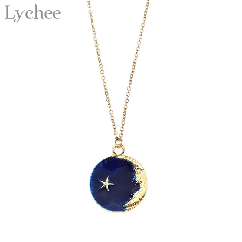 

Lychee Trendy Alloy Enamel Necklace Fashion Star Moon Pendant Necklaces Women Link Chain Necklaces Gifts