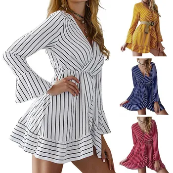 

Women Casual Dress Mid-length Long Sleeve Waist Sexy Deep V Vertical Striped Lace Bow Tie Dress