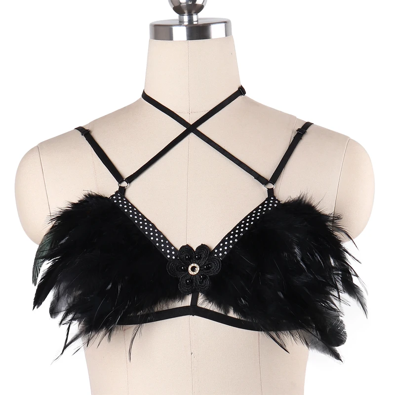 

Festival Rave Fearher Lace Flowers Bondage Harness Cage Adjust Back Size Womens Wear Body Harness Burning Man Cage Bra