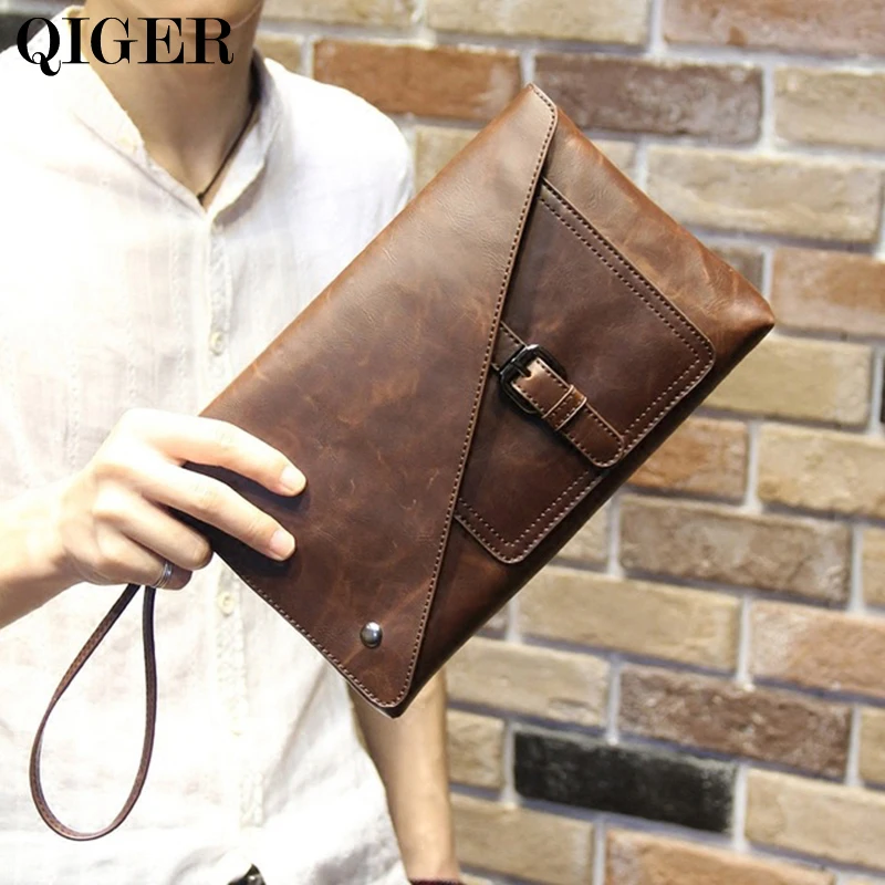 QIGER Crazy Horse Leather Men Clutch Bags Vintage Large Capacity Men Zipper Hasp Clutches ...