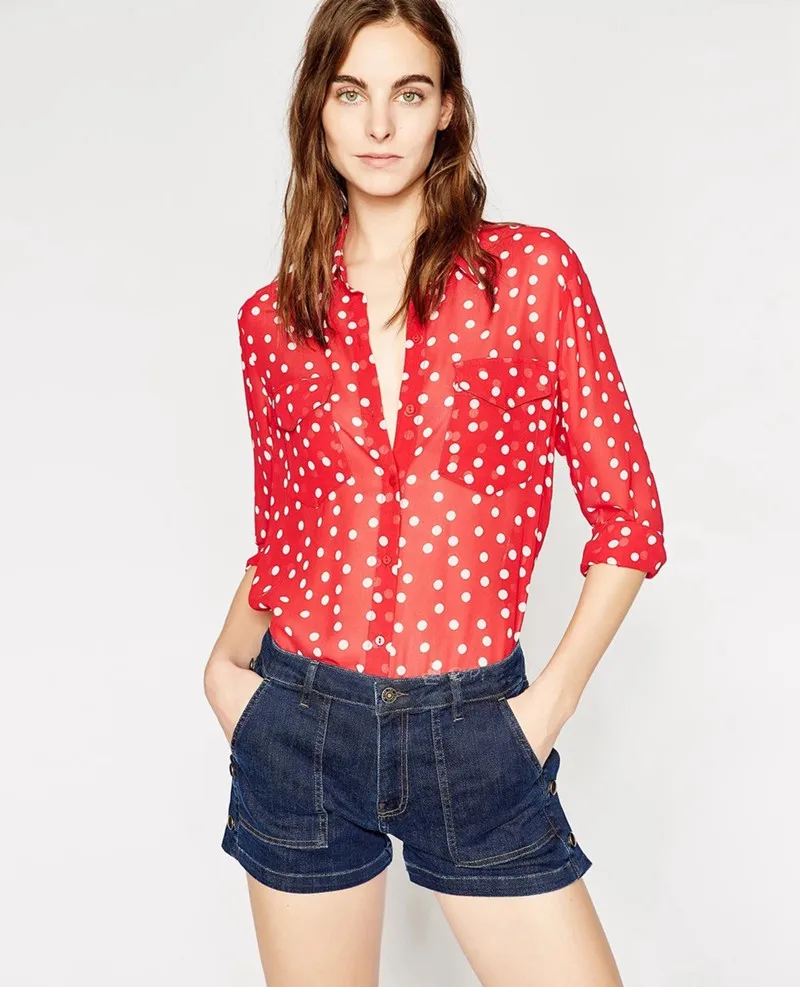 Women Red Polka Dot Print Shirt Double Pocket Long Sleeve Blouse Top-in ...