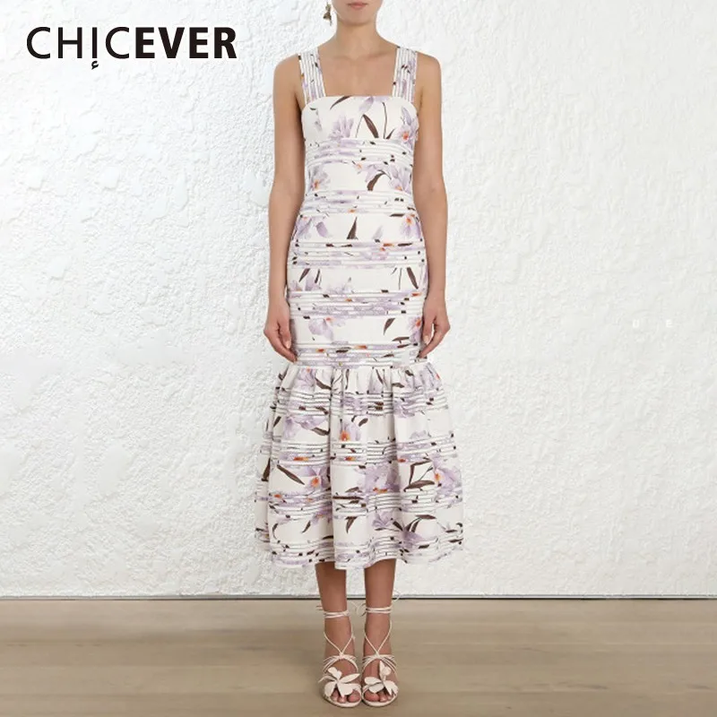 

CHICEVER Casual Print Strapless Spaghetti Strap Dress For Women High Waist Sheath Mid-Calf Trumpet Summer Dresses 2020 Fashion