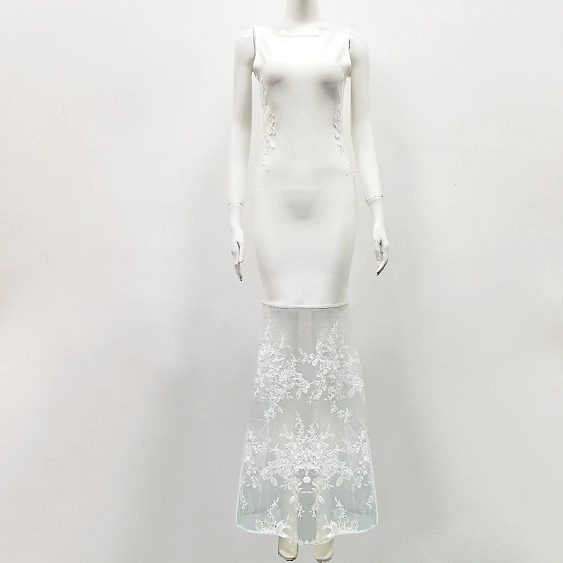 Новое женское элегантное платье Сексуальное Белое Кружевное платье с круглым вырезом без рукавов облегающее платье знаменитостей вечернее Бандажное платье
