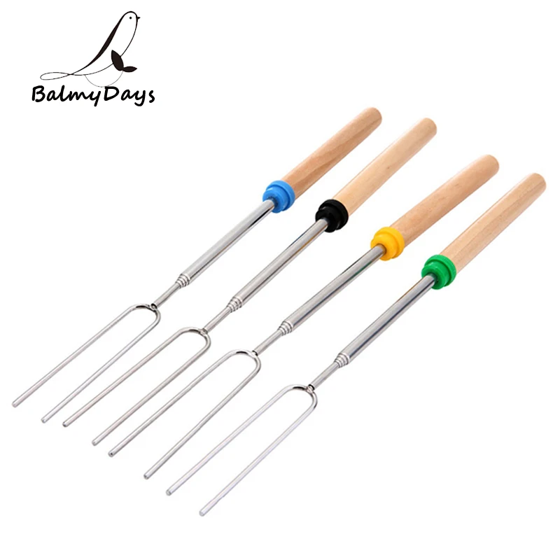 

1Pc BBQ Fork Telescoping Barbecue Roasting Fork Extending Hot Dog Marshmallow Roasting Stick with Wood Handle Campfire BBQ Tools