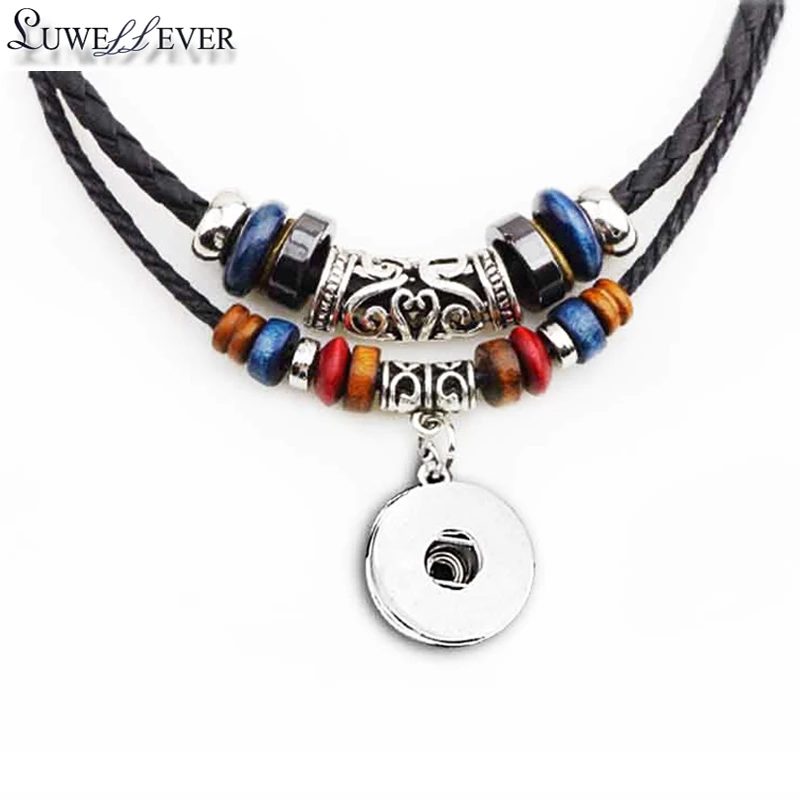 

Fashion 073 Bohemian National Ginger Interchangeable 18mm Snap Button Charm Braided Rope Leather Necklace For Women Men Gift