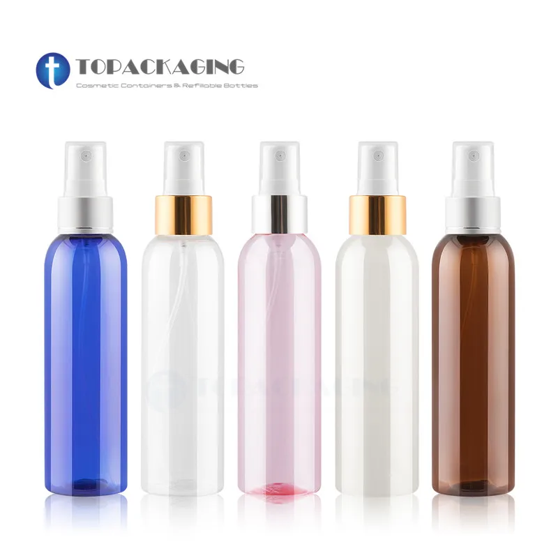 

50pcs*150ML Spray Pump Bottle Empty Cosmetic Container Plastic Perfume Refillable Packing Mist Atomizer Anodized Aluminum Ring