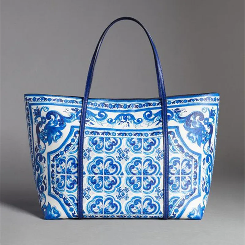 

Luxury Brand Blue and White Porcelain Print Tote Bags Genuine Leather Women Shopping Bag Ethnic Handbag Purse Lady Shoulder Bags