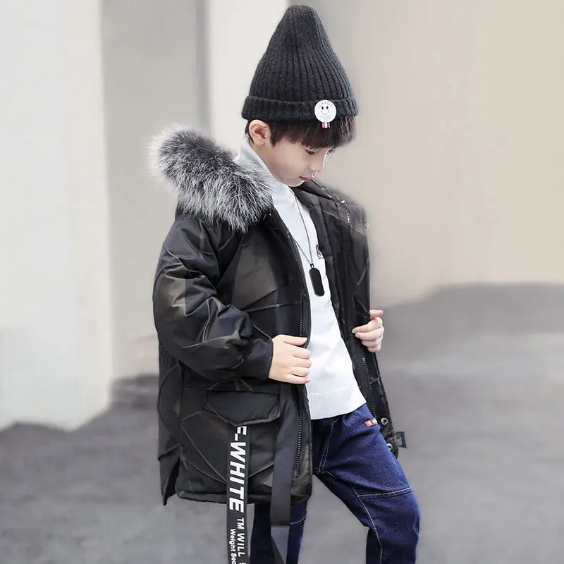 Детское зимнее пальто парки для мальчиков от 4 до 13 лет Толстая теплая хлопковая одежда с капюшоном и натуральным меховым воротником