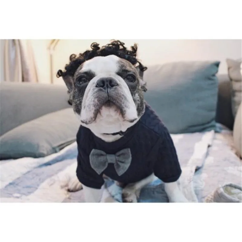 

M,L,XL Solid Dog Sweater Pet Dog Hoodies Spring/Summer Knit Hoodie Bow Tie Gentleman Costumes Outerwear French Bulldog Clothing