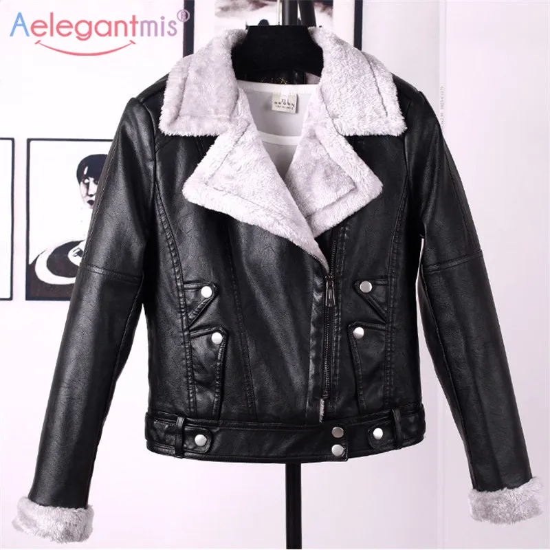 Aelegantmis, осенне-зимняя кожаная куртка, Женское пальто из искусственного меха, женская тонкая короткая байкерская куртка, базовая теплая плюшевая верхняя одежда