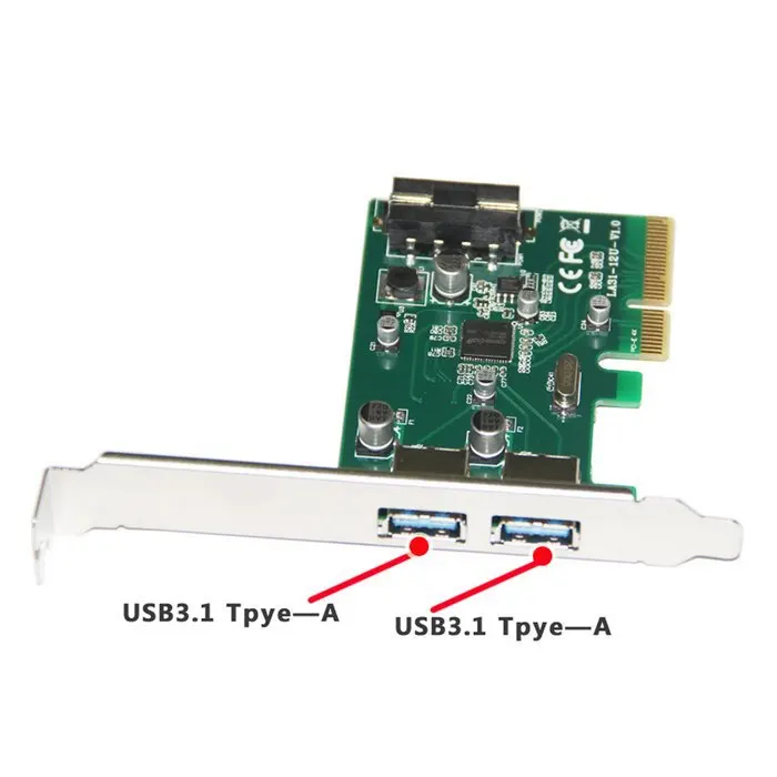 PCI-E 4x Express to USB 3.1 Type A Dual USB Port Add on Expansion Card Adapter 10 Gbps , Free shipping By Fedex DHL UPS