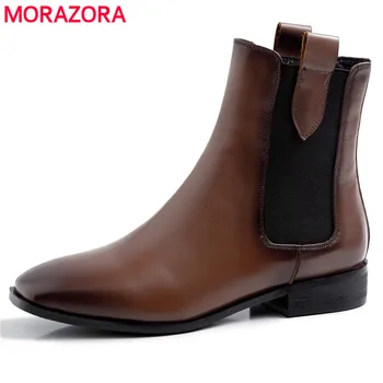 

MORAZORA 2020 New genuine leather boots women square toe retro ladies shoes autumn winter boots slip on ankle boots for women
