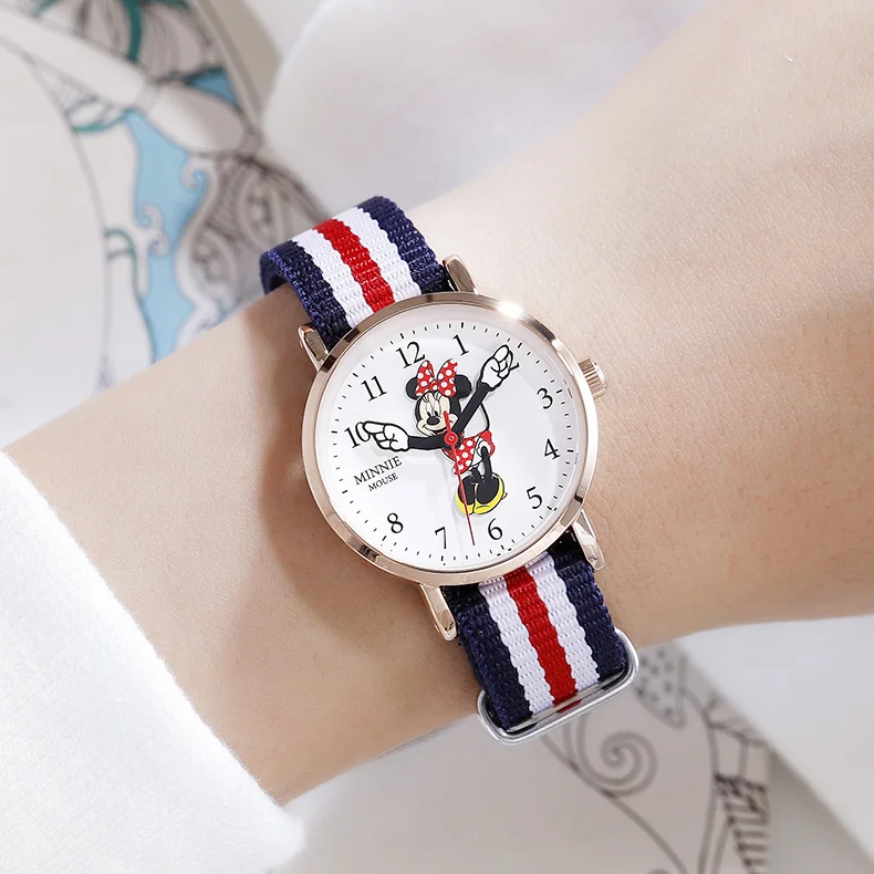 Женские кварцевые наручные часы Disney Minnie розовый кожаный нейлоновый ремешок