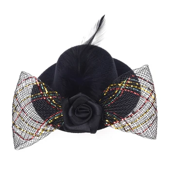 

Feather Hair Clip Flower Bow Black Mini Top Hat Party Lolita Cosplay Goth