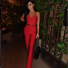 Летний женский бандажный комбинезон красный Спагетти ремень v-образный вечерние вырез Вечеринка Комбинезоны вискоза полная длина Элегантный Вечеринка Подиум боди