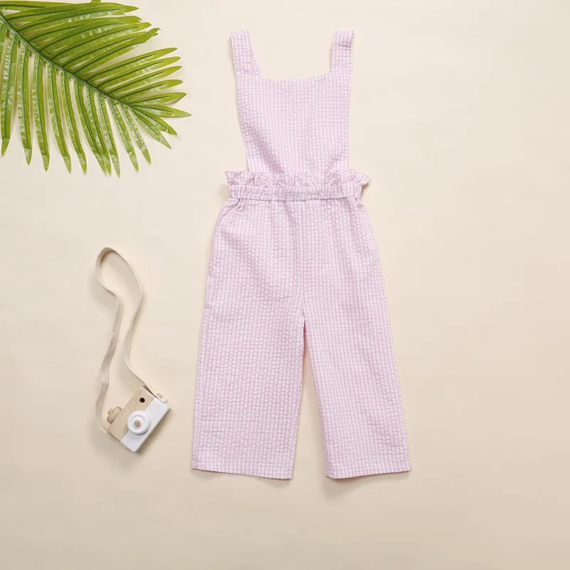 

Baby Girls Summer Pants Children Plaid Pattern Cotton Elastic Suspenders Pants Overalls Trousers