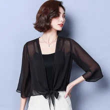 Шифоновый кардиган, свитера для женщин, болеро, лето размера плюс, для офиса, Пляжное пальто с бантиком, женское короткое маленькое шаль, Укороченный кардиган
