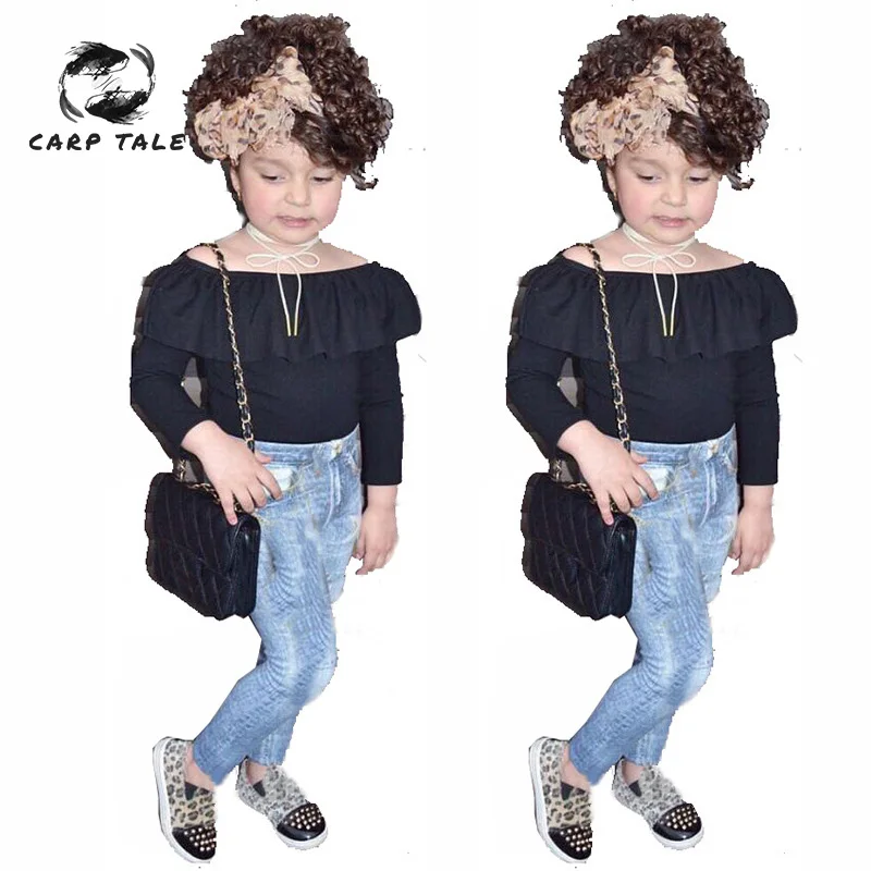 

2019 Newborn baby girl clothes black flat shoulder round neck tights + jeans two-piece summer suit new born baby girl clothes