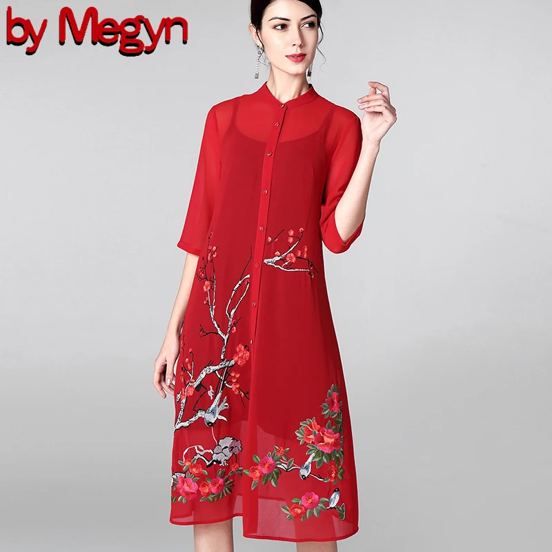 

by Megyn 2019 chiffon women dress embroidery half sleeve loose plus size 4XL lady dress