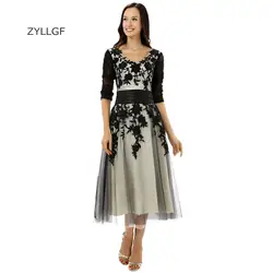 ZYLLGF Vestido De Formatura Лонго принцессы с v-образным вырезом Чай Длина Половина рукава нарядные платья для свадьбы с черными аппликациями Q159