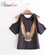 2018 New Fashion Women Sexy Off Shoulder Flying Eagle Printing T-shirt Leisure Summer Hollow Out Tees Causal Slim T Shirt