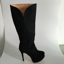 Черные замшевые сапоги до колена; Коллекция года; женские сапоги на шпильке ручной работы на платформе с боковой молнией; обувь под заказ; размер США 14