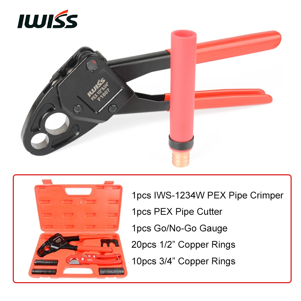 

IWISS F1807 1/2" 3/4" Combo Copper Ring Crimping Tool for Pex Pipe Connection with 30pcs Copper Rings, Cutter and Go-No Go Gauge