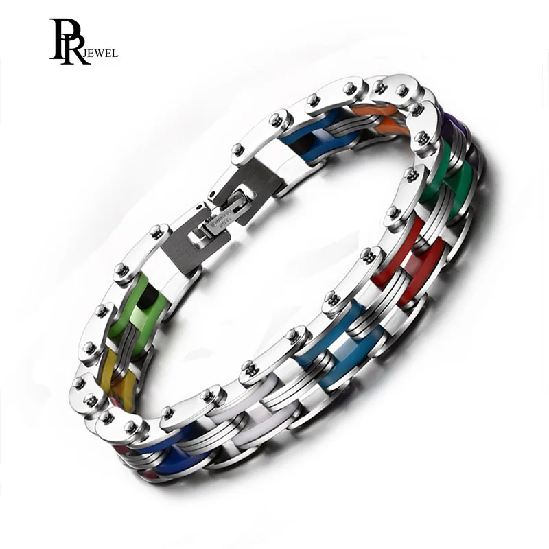 Полированная готовая Мужская Радужная силиконовая нержавеющая сталь велосипедная цепь браслет длина 215 мм