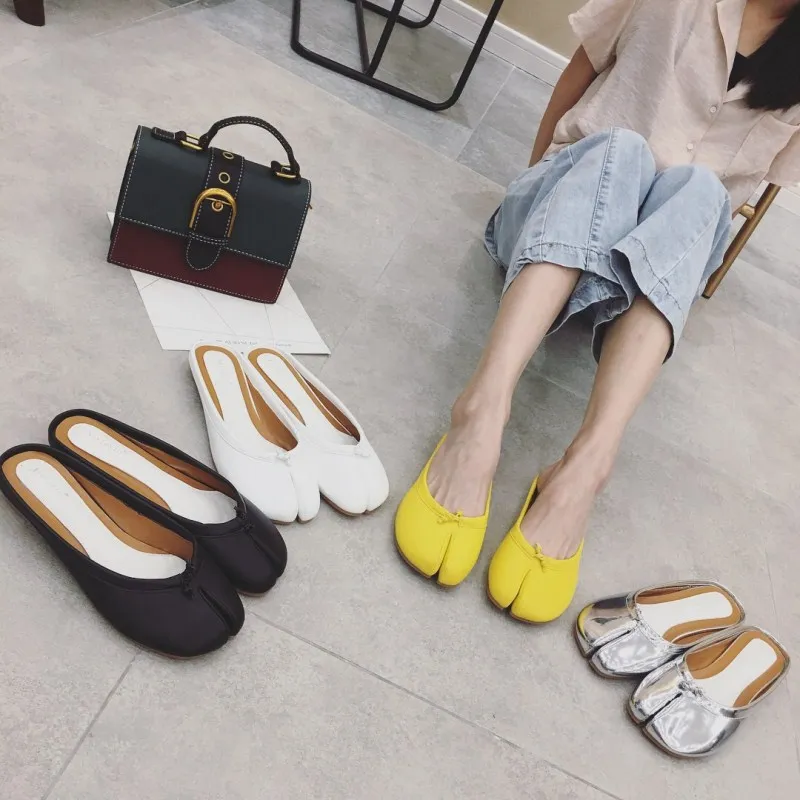 

Cloven toe women slippers tabi ninja silver leather flat cozy shoes summer pig's feet shape babouche band rope slides shoes