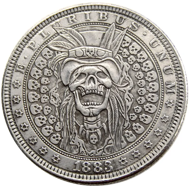 

HB(13) US 1883 P-CC-S-O Morgan Dollar skull zombie skeleton hand carved Silver Plated Copy Coins