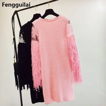 

Autumn Winter Woman Knitted Long Sweaters Tassel Lantern Long Sleeve Elegant Women Knitting Sweater Pullovers