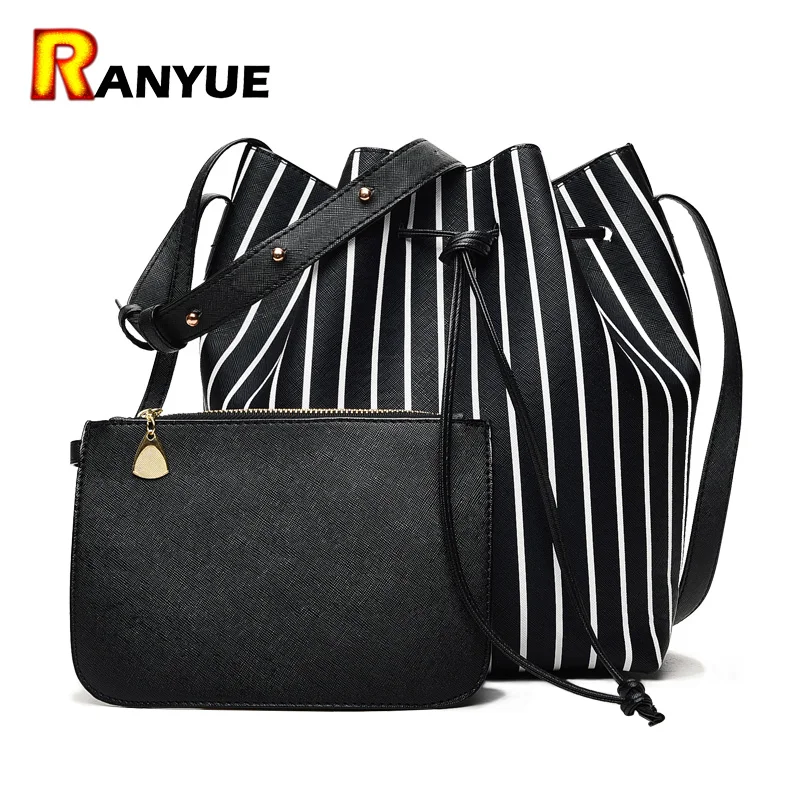 Black White Stripe Bucket Bag Women Pu Leather String Shoulder Bag Brand Designer Crossbody Bags ...