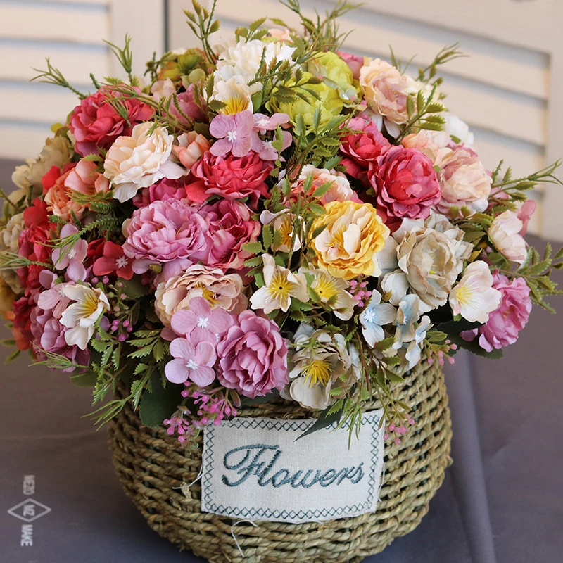 5 вилок 8 голов букет шелковые искусственные цветы «сделай сам» Пион Роза имитация цветок зеленые листья для домашних ВАЗ Свадебная вечеринка Декор