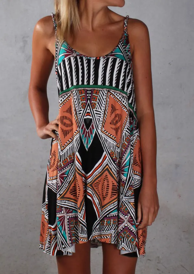

Women Dress Printed Spaghetti Strap Mini Dress 2018 Summer Casual Beach Multicolor Female Dresses Sleeveless irregular hem Dress