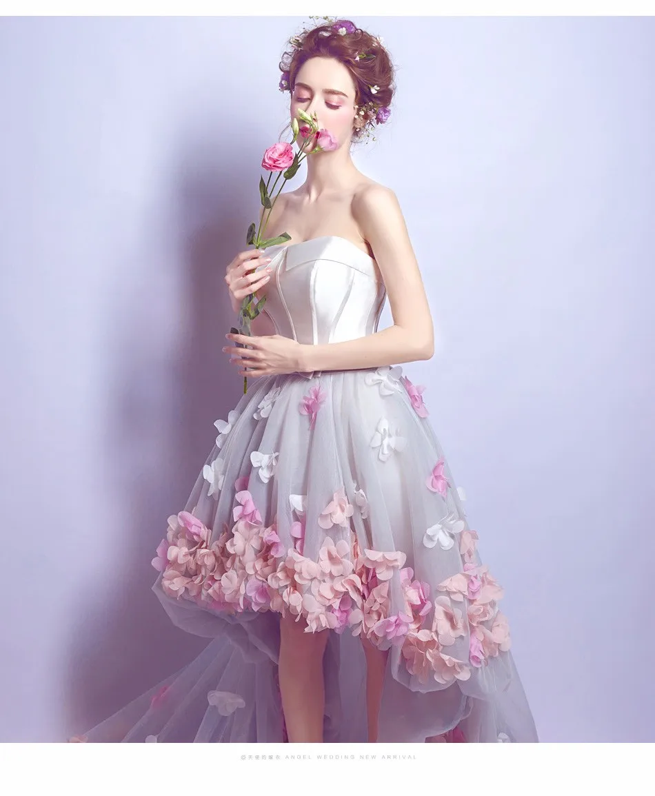 2020 Flowers Prom Dresses Short Front Long Back Evening Gown Gray Organza Fashion Party Formal Gown for Graduation