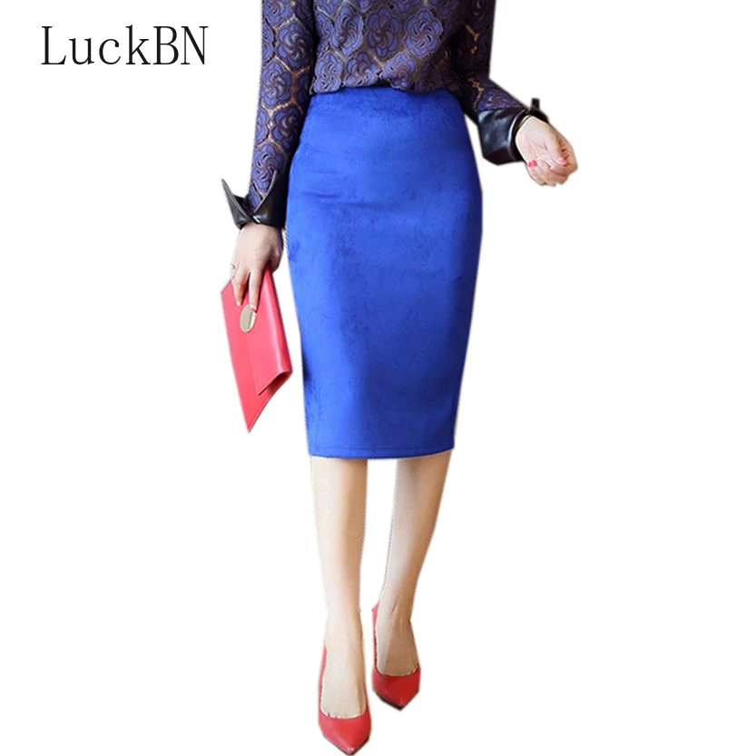 

Slim Sexy Women Skirts Spring Autumn Skirt Faux Suede Lady Soft Split Stretchy Bodycon Knee Length Pencil Skirt High Waist