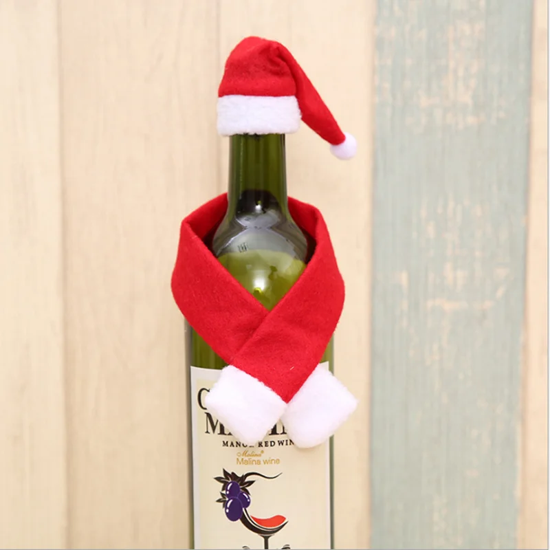 

2pcs/set Christmas Wine Bottle Cover Wine Hat Scarf Cover Set Kitchen Decor For Home Dinner Party New Santa Claus Gift