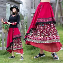 Винтажная Асимметричная длинная юбка с цветочной вышивкой в стиле бохо, женская красная многослойная юбка-макси в сеточку с кисточками, женские юбки s jupe femme falda mujer