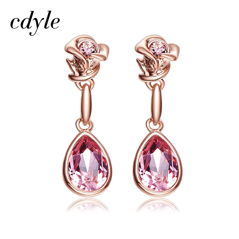 

Cdyle Embellished with crystals Dangle Earring Women Vintage Luxury Pink Rose Jewelry Elegant Austrian Rhinestone