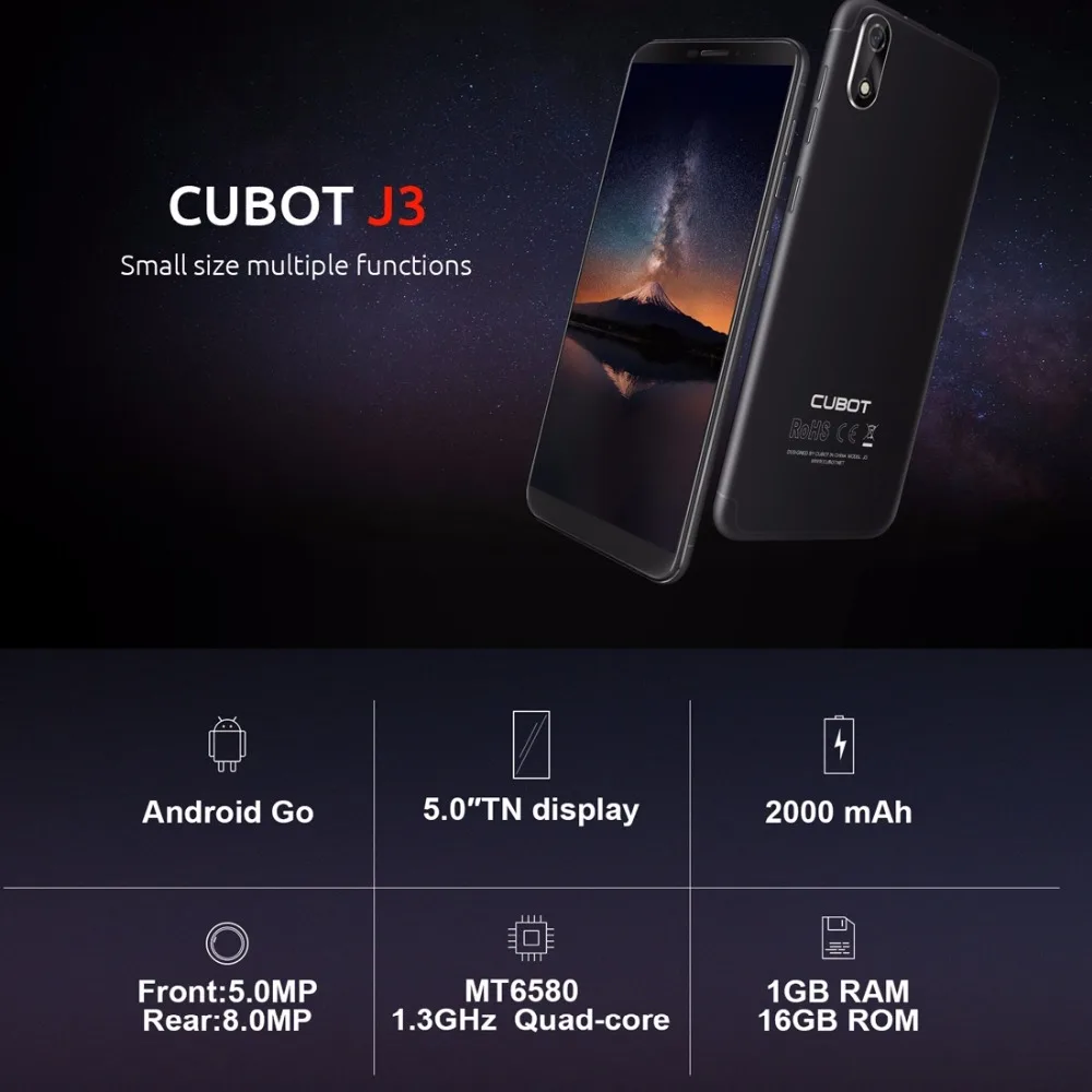 Оригинал Cubot J3 Android Go 18:9 полный Экран 1 ГБ 16 5 0 дюймов MT6580 четырехъядерный смартфон