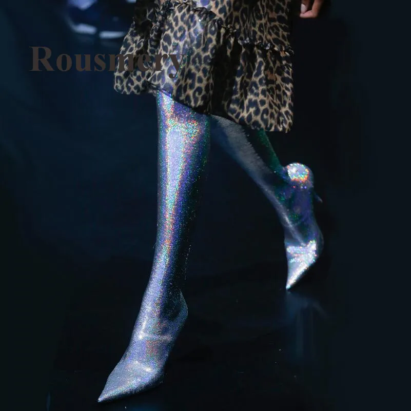 

Fashion Over the Knee Two Color Biling Bling Elasticity Sexy Pointed Toe And Thin High Heel Women long Boots High Quality
