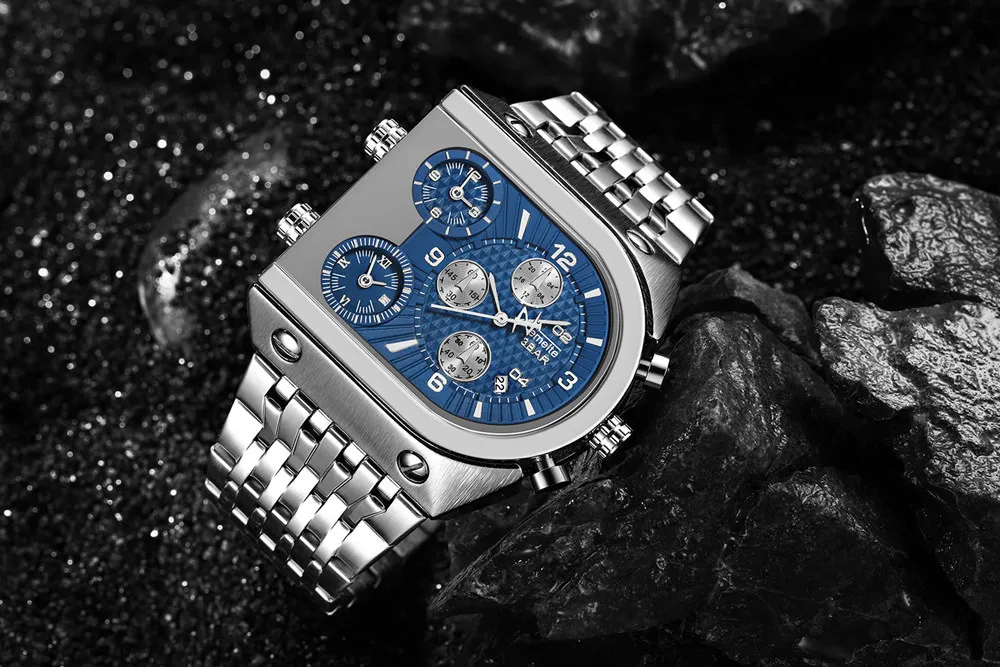 Роскошные мужские наручные часы золотые синие водонепроницаемые военные многофункциональные креативные кварцевые часы с тремя часовыми поясами из нержавеющей стали