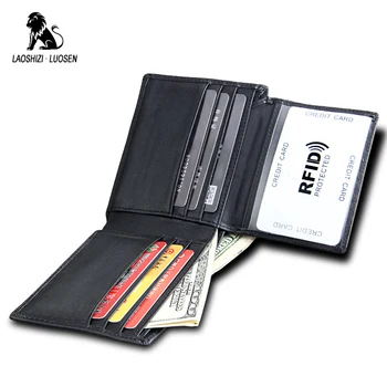 

LAOSHIZI LUOSEN Genuine Leather Wallet Men Business Slim Bifold Wallet Card Holder Magic Black Wallet Short Small cartera