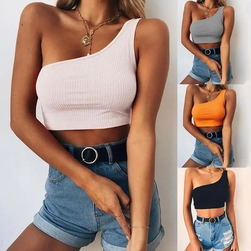 

Women Lady Female Summer Fashion Clothes One Shoulder Crop Tops Sleeveless T-Shirt Summer Beach Vest Bare Midriff Tank Tops
