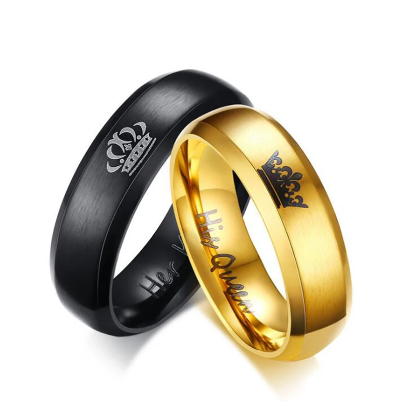 Lovers' Ring Black Gold Color Couple Ring Stainless Steel Wedding Alliance Crown Ring for Women and Men Promise Jewelry