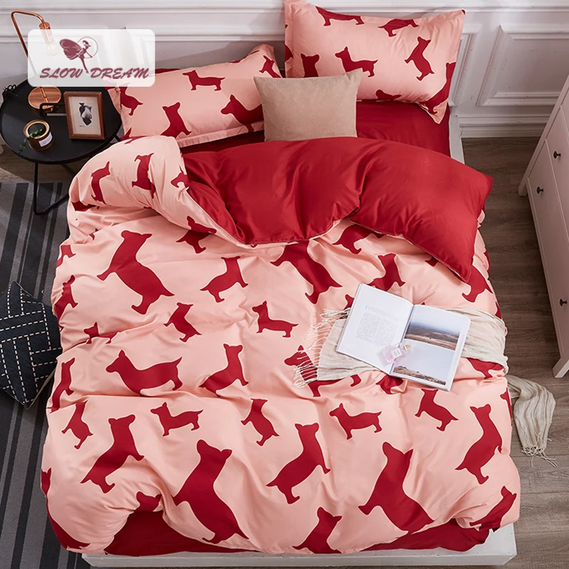 

SlowDream Cartoon Dog Bedding Set Red Bedclothes Duvet Cover Flat Sheet Pillowcase Euro Bed Cover Set Nordic Comforter Cover Set