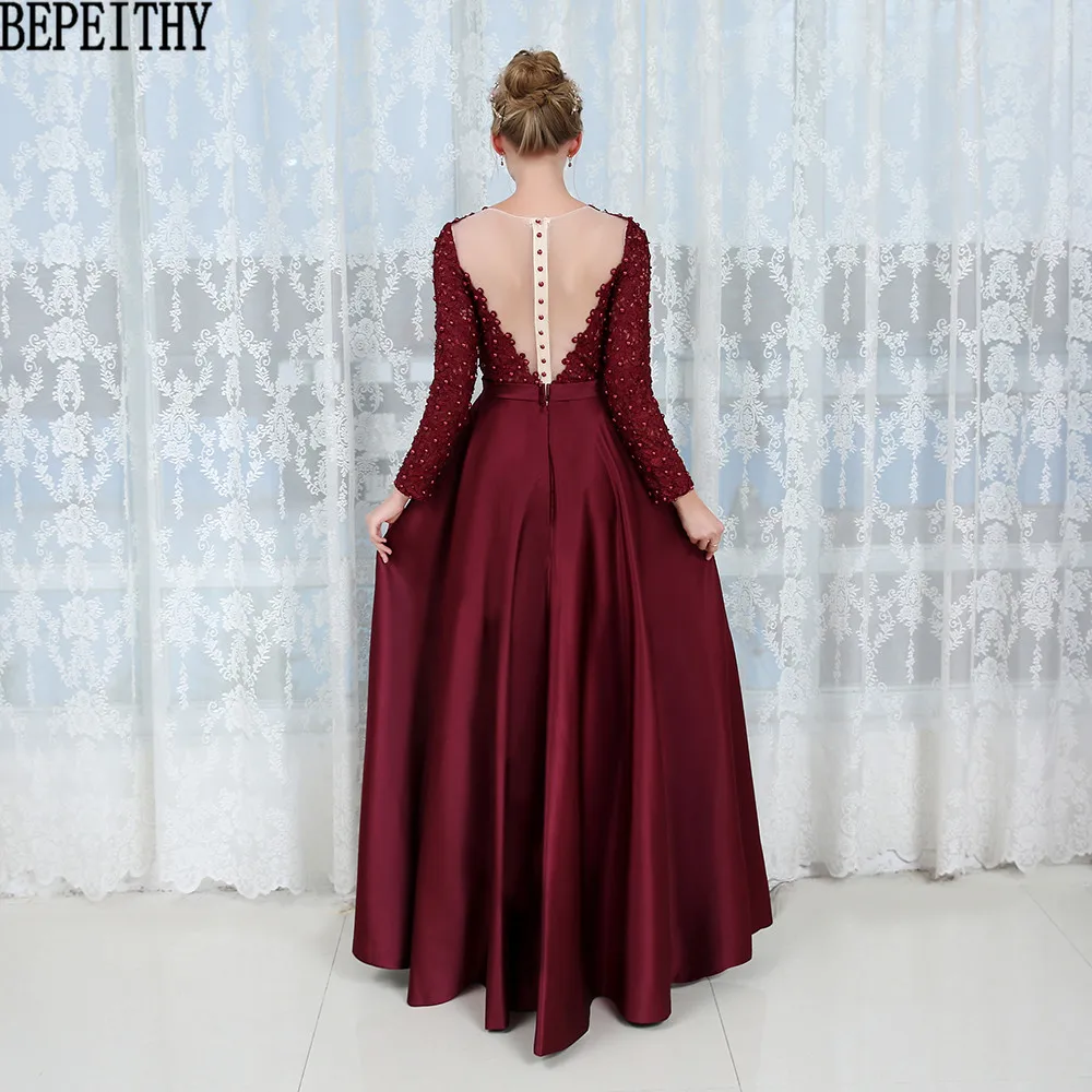 BEPEITHY Robe De Soiree аппликации кружева с длинным рукавом платье для выпускного вечера Бургундия Атласное Вечернее платье vestido de festa Longo