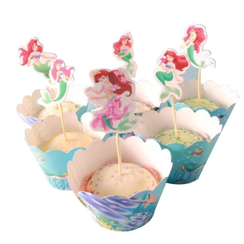 

New Style Baby Shower Birthday Party Cake Topper Kids Girls Favors Decoration Little Mermaid Theme Cupcake Wrappers 1Set=24pcs