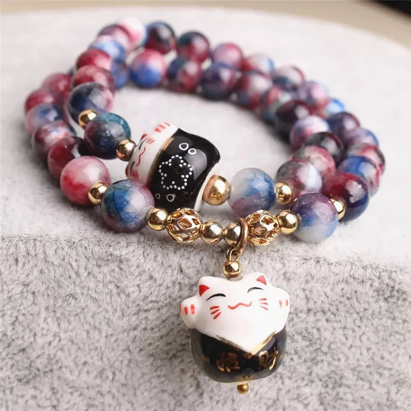 XIAO YOUNG Lucky Cat Natural Stone Bracelet Double Layers Beaded Bracelets For Women Bijoux